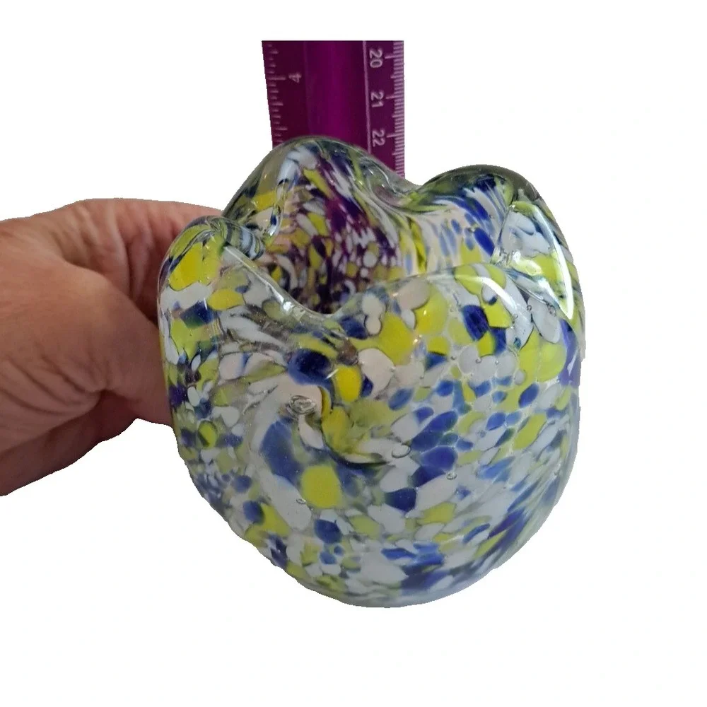 MCM Art Deco Glass Hand Blown Vase Cup Scallop Yellow Blue 3.5